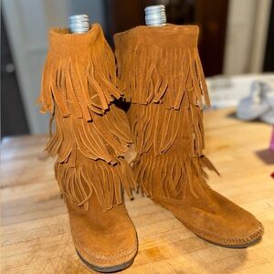 Minnetonka Fringe Boot Moccasins 3 Layer Soft Suede Rusty Brown 12” Tall